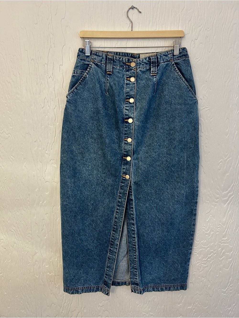 VINTAGE Cotton Ginny Denim Midi Skirt Blue Button Front Slits Sz 8/10 Summer